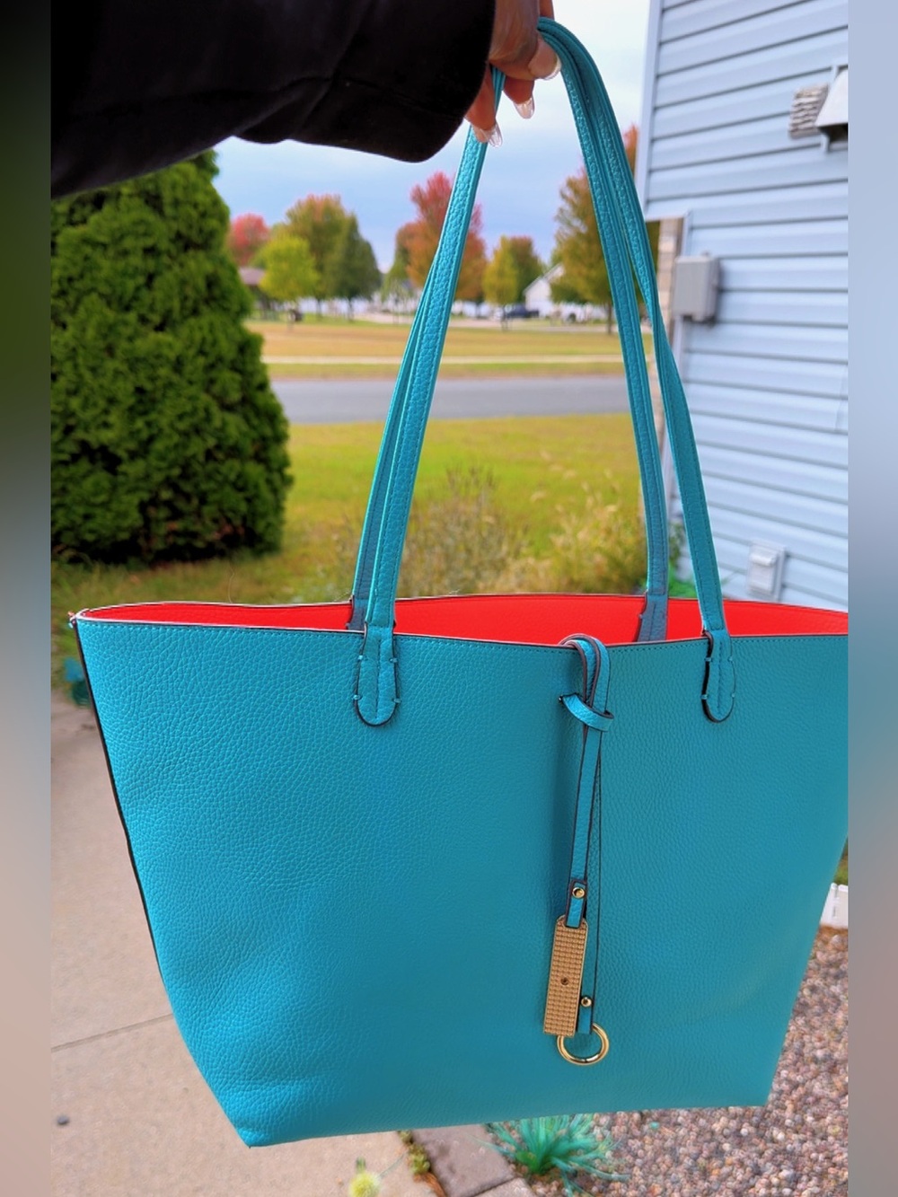 Turquoise & Red Reversible Pebbled Tote Bag – Large Shoulder Bag